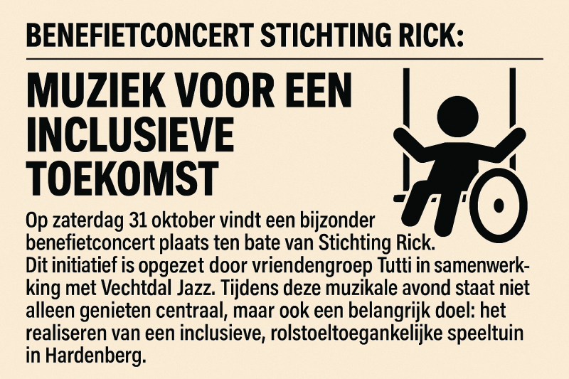 Benefietconcert Stichting Rick - Samen bouwen aan een inclusieve speeltuin in Hardenberg.Beleef een bijzondere avond tijdens het Benefietconcert Stichtin