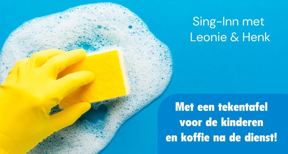 Affiche voor een kerkelijke Sing-Inn op Pinksterdag in Ommen, met HG schoonmaakthema en kinderactiviteiten.