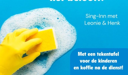 Affiche voor een kerkelijke Sing-Inn op Pinksterdag in Ommen, met HG schoonmaakthema en kinderactiviteiten.