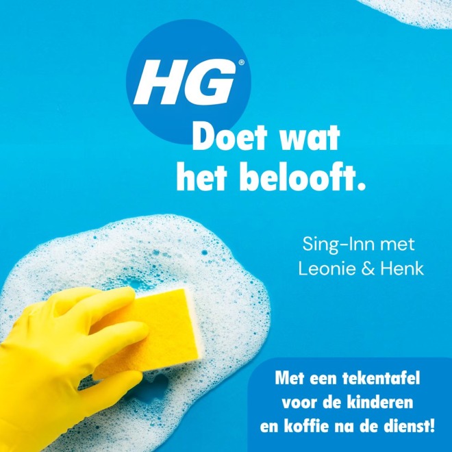 Affiche voor een kerkelijke Sing-Inn op Pinksterdag in Ommen, met HG schoonmaakthema en kinderactiviteiten.