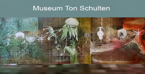 Kunstwerk in Museum Ton Schulten met abstracte en botanische vormen op een kleurrijke achtergrond.