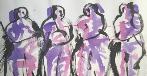 Abstracte schilderij van vier personenfiguren in zwart, paars en roze tinten, lopend naar rechts.