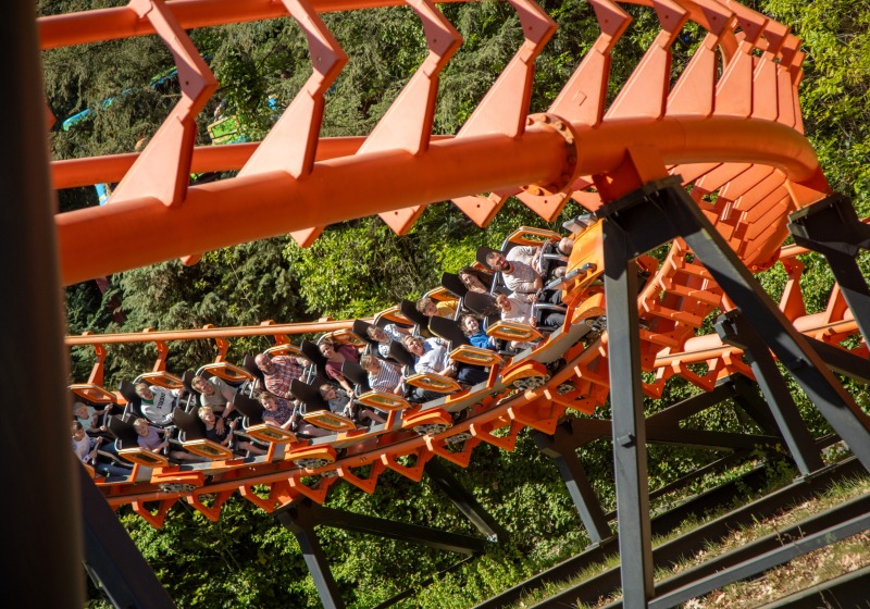 Mensen genieten van een spannende rit in een oranje achtbaan die door groene bomen en scherpe bochten raast.