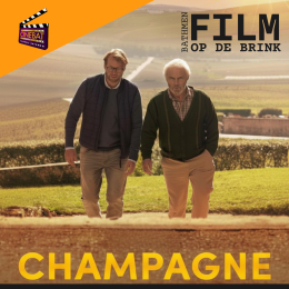 Affiche voor de film 'Champagne' met twee mannen wandelend in Frankrijk, vertoning op 19 september.